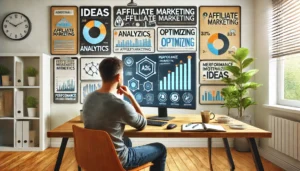 A man analyzes marketing data on multiple computer screens in a modern workspace.