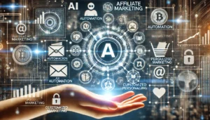 A hand holding digital icons representing AI and automation.