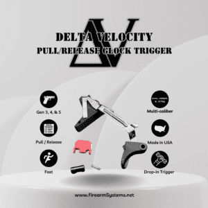 A black Delta Velocity V pull release archery trigger with features highlighted.