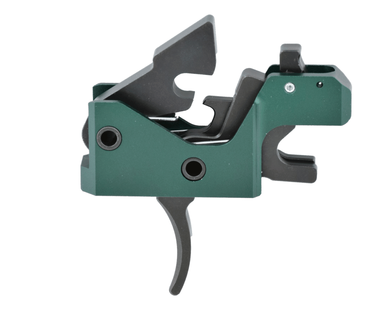 A green firearm trigger mechanism with internal components.