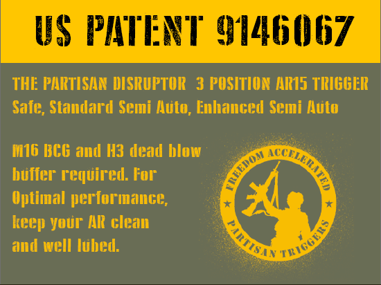 Close-up of a patent label for a 3-position AR15 trigger system with enhanced features.