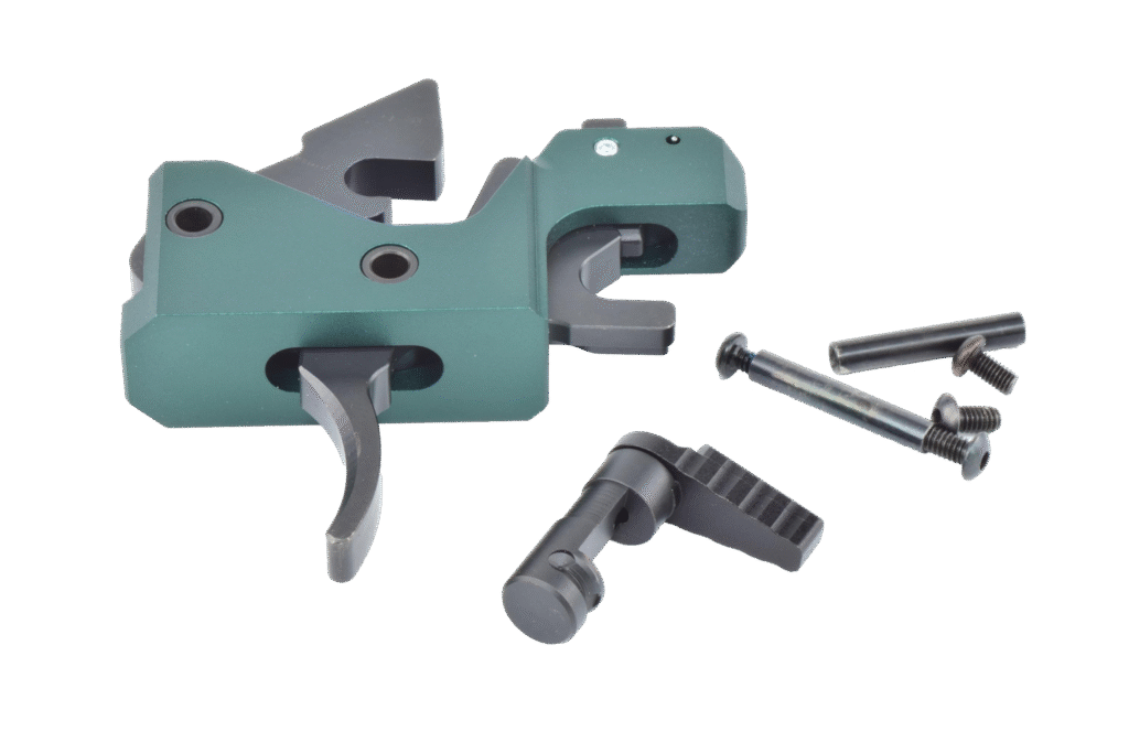 Full kit view of Partisan Disruptor AR-15 Forced Reset Trigger including stainless steel cassette housing, three-position selector switch, and anti-walk pins