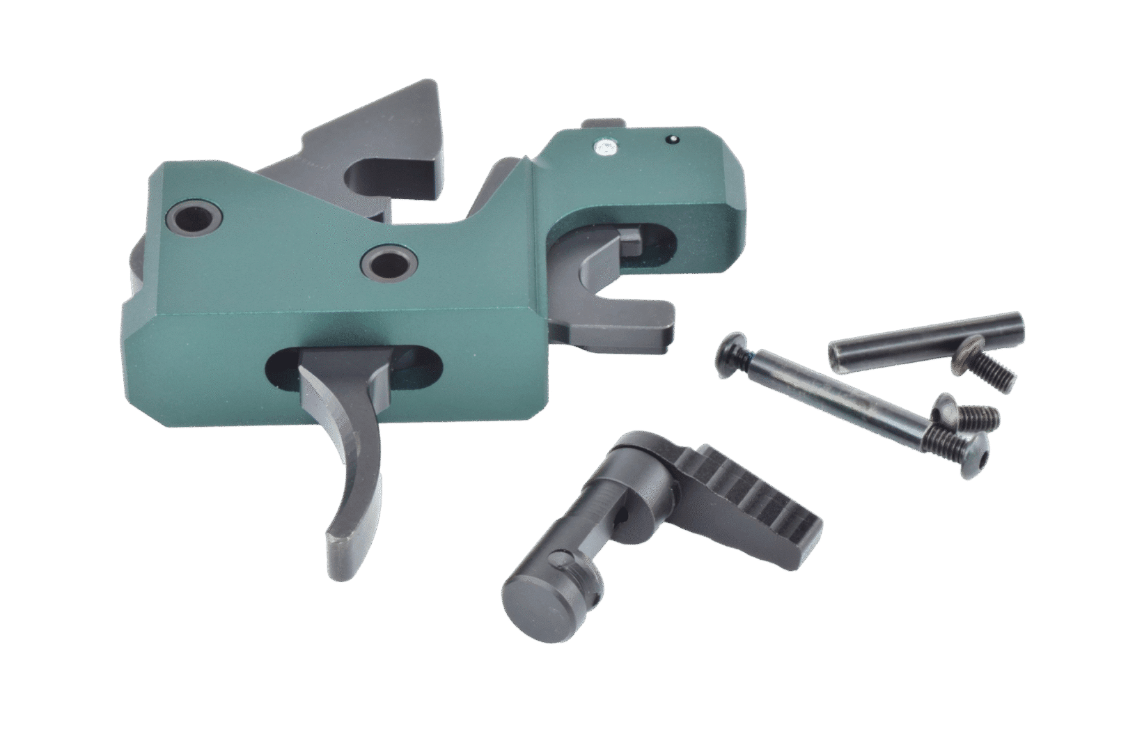 Full kit view of Partisan Disruptor AR-15 Forced Reset Trigger including stainless steel cassette housing, three-position selector switch, and anti-walk pins