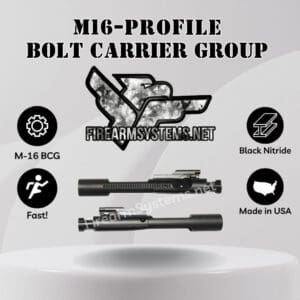 Black nitride M16-profile bolt carrier group for AR-15, shown as a complete carrier and as a separate carrier