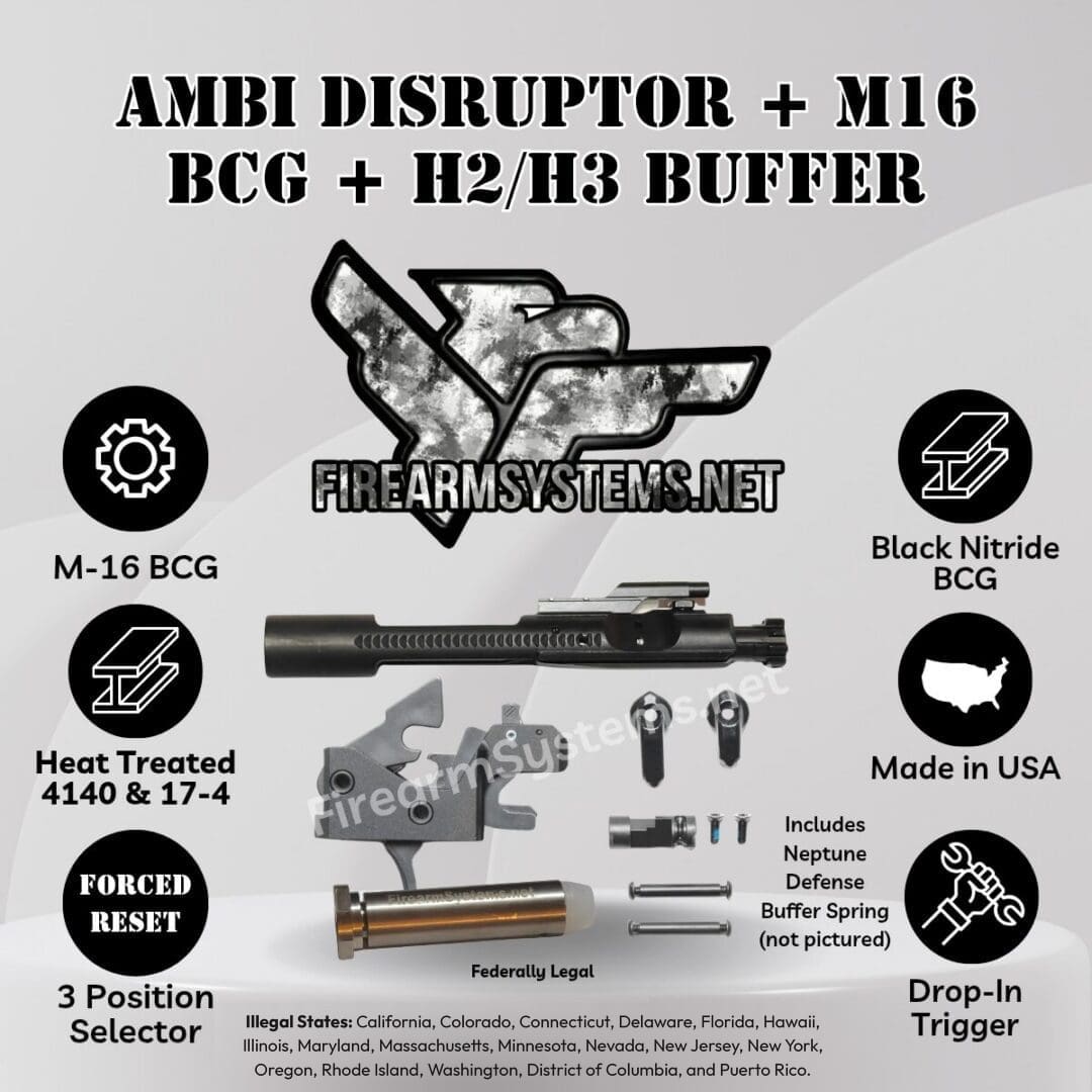Disruptor kit: Ambi forced reset trigger, M16-profile bolt carrier group and stainless Hybrid H2/H3 buffer for AR-15