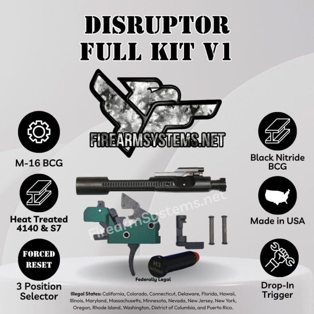 Green Disruptor AR-15 forced reset trigger with M16-profile bolt carrier group, buffer and anti-walk pins