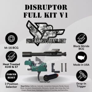 Green Disruptor AR-15 forced reset trigger with M16-profile bolt carrier group, buffer and anti-walk pins